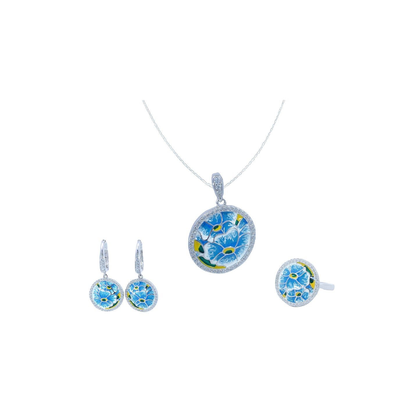 Blue Floral Design Oval Shape Pendant Set