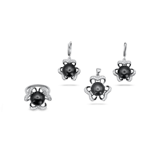 Flower Black Pearl Pendant Set