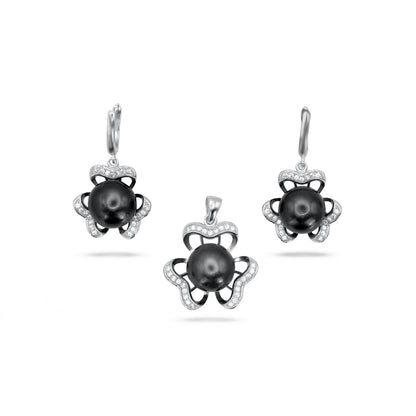 Flower Black Pearl Pendant Set