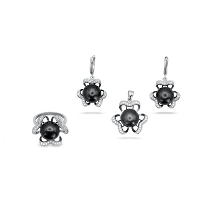 Flower Black Pearl Pendant Set